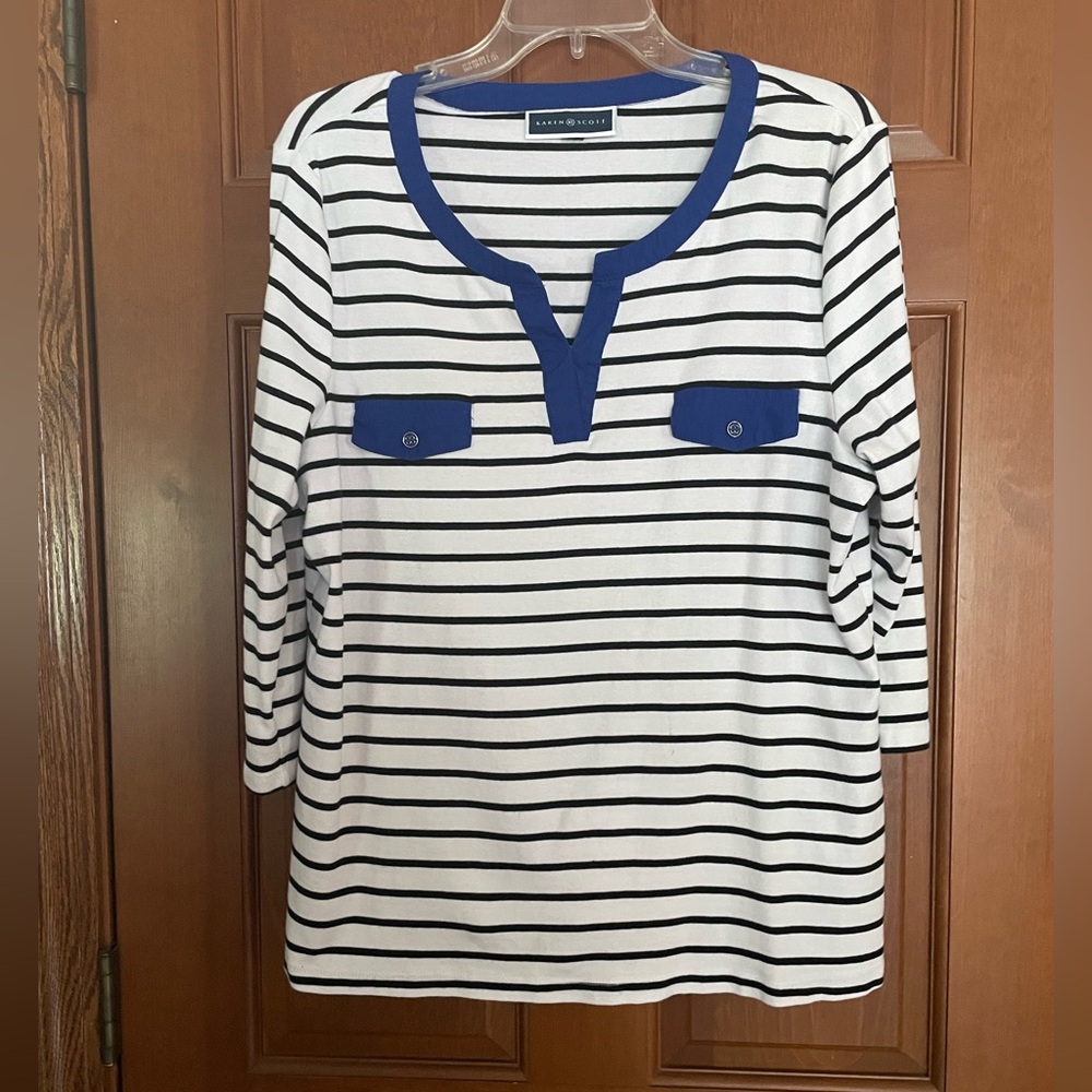 Blue, Black & White Striped Women's Top Sz 1X Karen Scott 3/4 Sleeves
